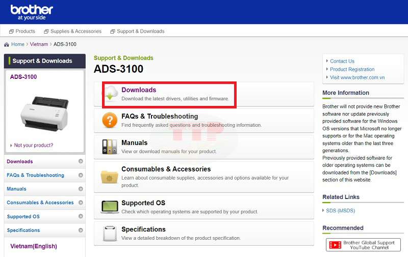 Hướng dẫn tải Driver máy scan Brother ADS-3100 - Bước 2