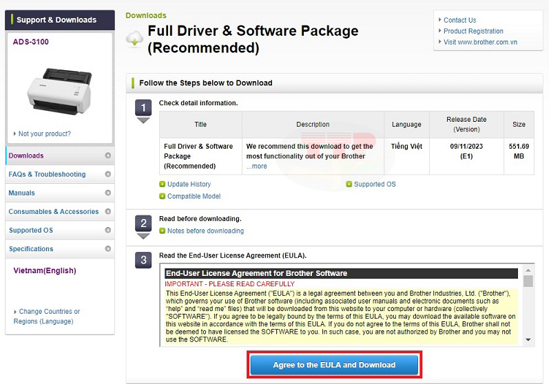Hướng dẫn tải Driver máy scan Brother ADS-3100 - Bước 5