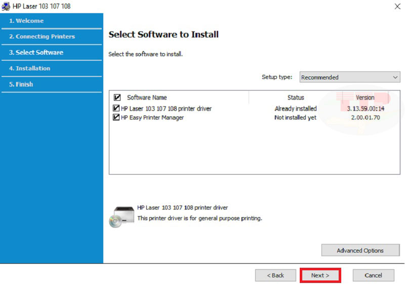 Hướng dẫn cài đặt Driver máy in Hp 108W TTP - Bước 10